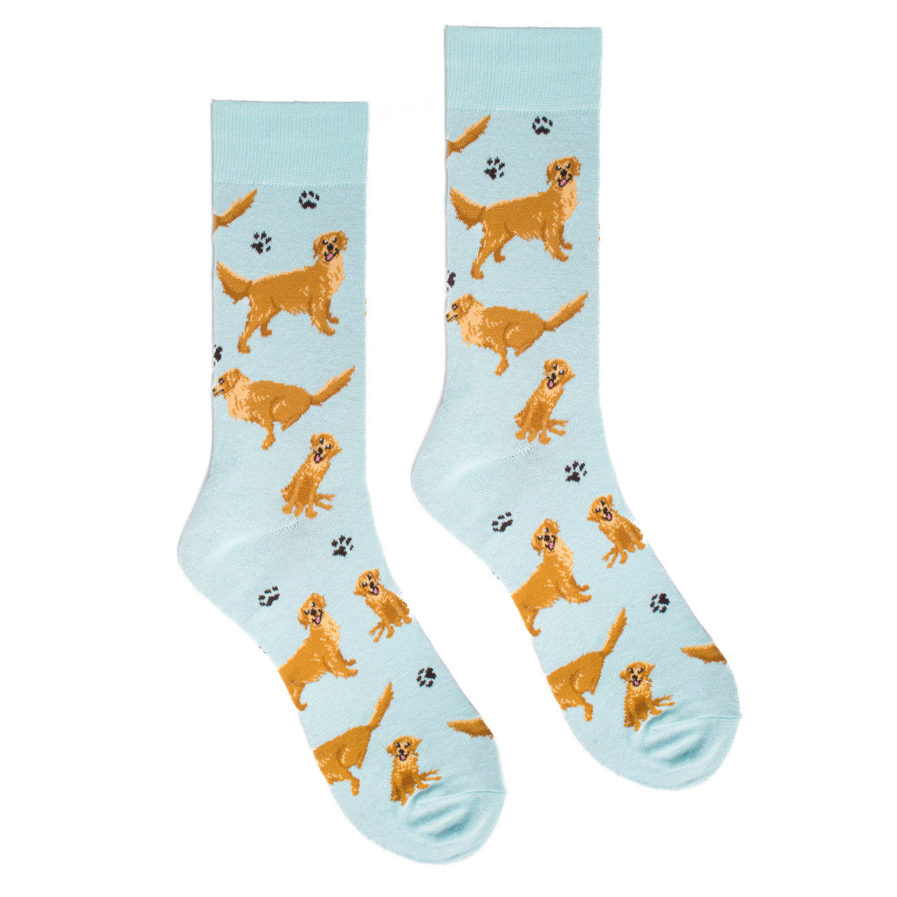 Parquet Men’s Golden Retriever & Paw Print Novelty Crew Socks – Light Blue