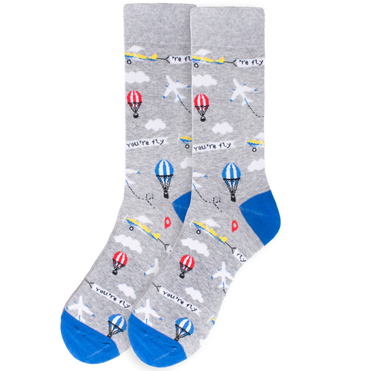 Parquet Men’s “Your Fly” Blimp & Plane Novelty Crew Socks – Gray
