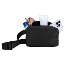 Load image into Gallery viewer, Nollia unisex black nylon rectangle belt bag with products inside
