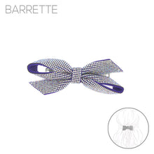 Load image into Gallery viewer, Purple rhinestone bow barrette on soft suede backing
