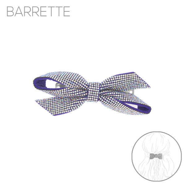 Purple rhinestone bow barrette on soft suede backing