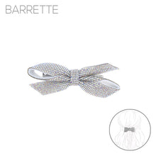 Load image into Gallery viewer, White suede barrette bow with rhinestone detailing
