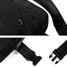 Load image into Gallery viewer, black nylon rectangle belt bag showing waterproof feature
