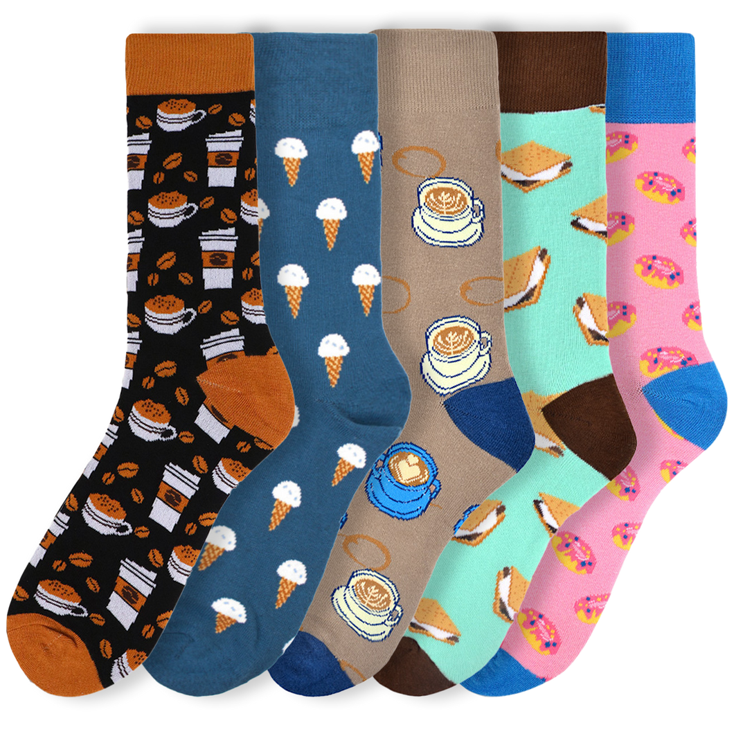 Men's Novelty Socks 'Coffee & Dessert' Assorted Pack- 5 pairs