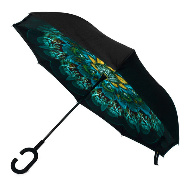 Parquet Peacock Print Inverted Umbrella – Double Layer, UV Protection, C-Handle