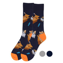 Load image into Gallery viewer, Parquet Men’s Cat in a Box Novelty Crew Socks – Navy or Gray
