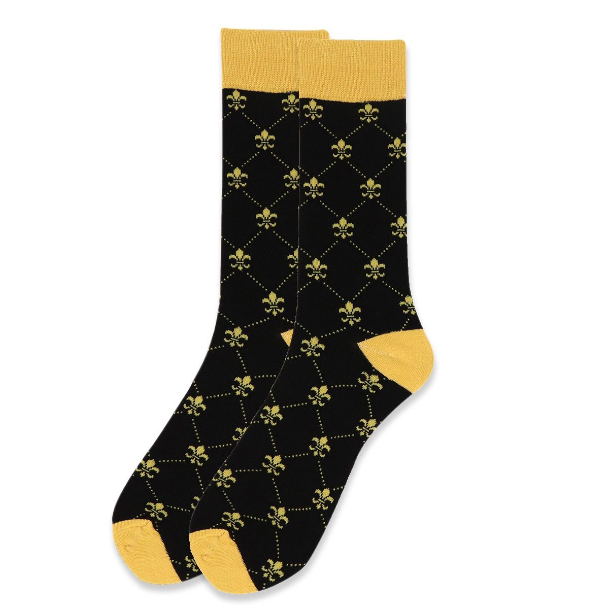 Feraricci Men’s Fleur-de-lis Novelty Crew Socks with Dotted Line – Yellow, Black, or Purple