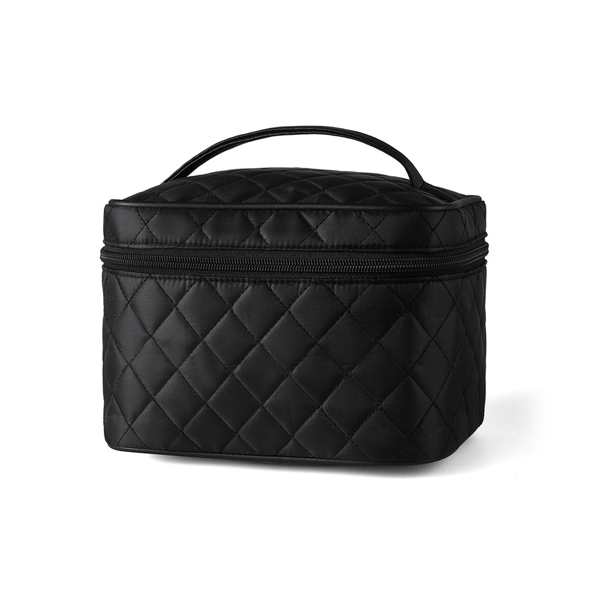 Black diamond quilted nylon train case with handle