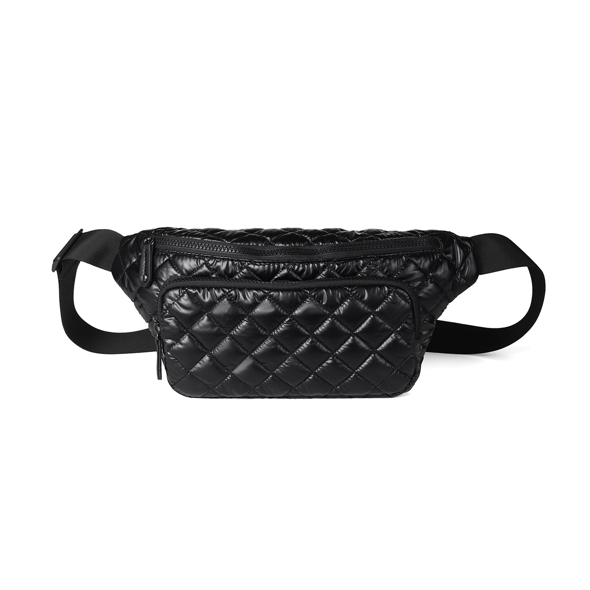 Black quilted nylon fanny pack with adjustable strap
