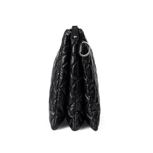 Load image into Gallery viewer, Black quilted nylon purse with silver D hook side view
