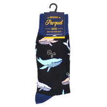 Load image into Gallery viewer, Parquet Men’s Whale Pattern Novelty Crew Socks – Black or Teal
