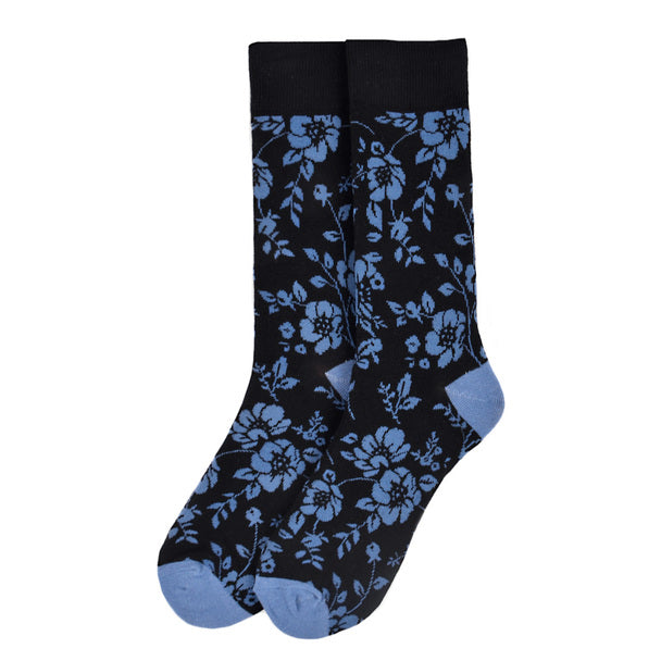 Parquet Men’s Blue Floral Pattern Novelty Crew Socks – Black & Blue