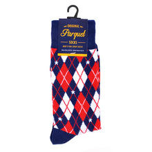 Load image into Gallery viewer, Parquet Men’s Argyle Pattern Crew Socks – Red, Navy &amp; White
