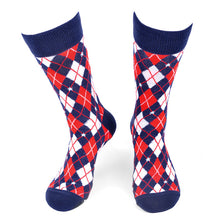 Load image into Gallery viewer, Parquet Men’s Argyle Pattern Crew Socks – Red, Navy &amp; White
