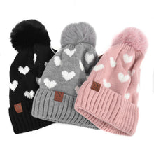 Load image into Gallery viewer, Women&#39;s Winter Hat - Hearts and Pom Pom Knit
