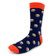 Load image into Gallery viewer, Parquet Men’s Hamburger Pattern Novelty Crew Socks – Navy or Pink
