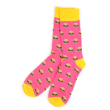 Load image into Gallery viewer, Parquet Men’s Hamburger Pattern Novelty Crew Socks – Navy or Pink
