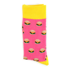 Load image into Gallery viewer, Parquet Men’s Hamburger Pattern Novelty Crew Socks – Navy or Pink
