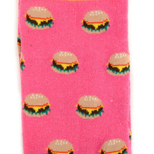 Load image into Gallery viewer, Parquet Men’s Hamburger Pattern Novelty Crew Socks – Navy or Pink
