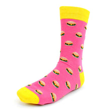 Load image into Gallery viewer, Parquet Men’s Hamburger Pattern Novelty Crew Socks – Navy or Pink
