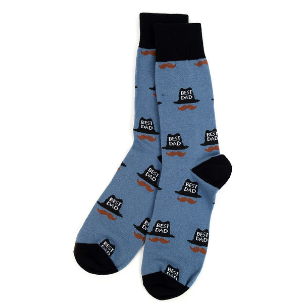 Parquet Men’s “Best Dad” Hat & Mustache Novelty Crew Socks – Blue or Gray