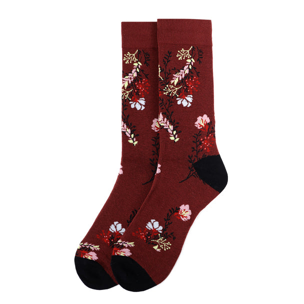 Parquet Men’s Floral Pattern Novelty Crew Socks – Burgundy