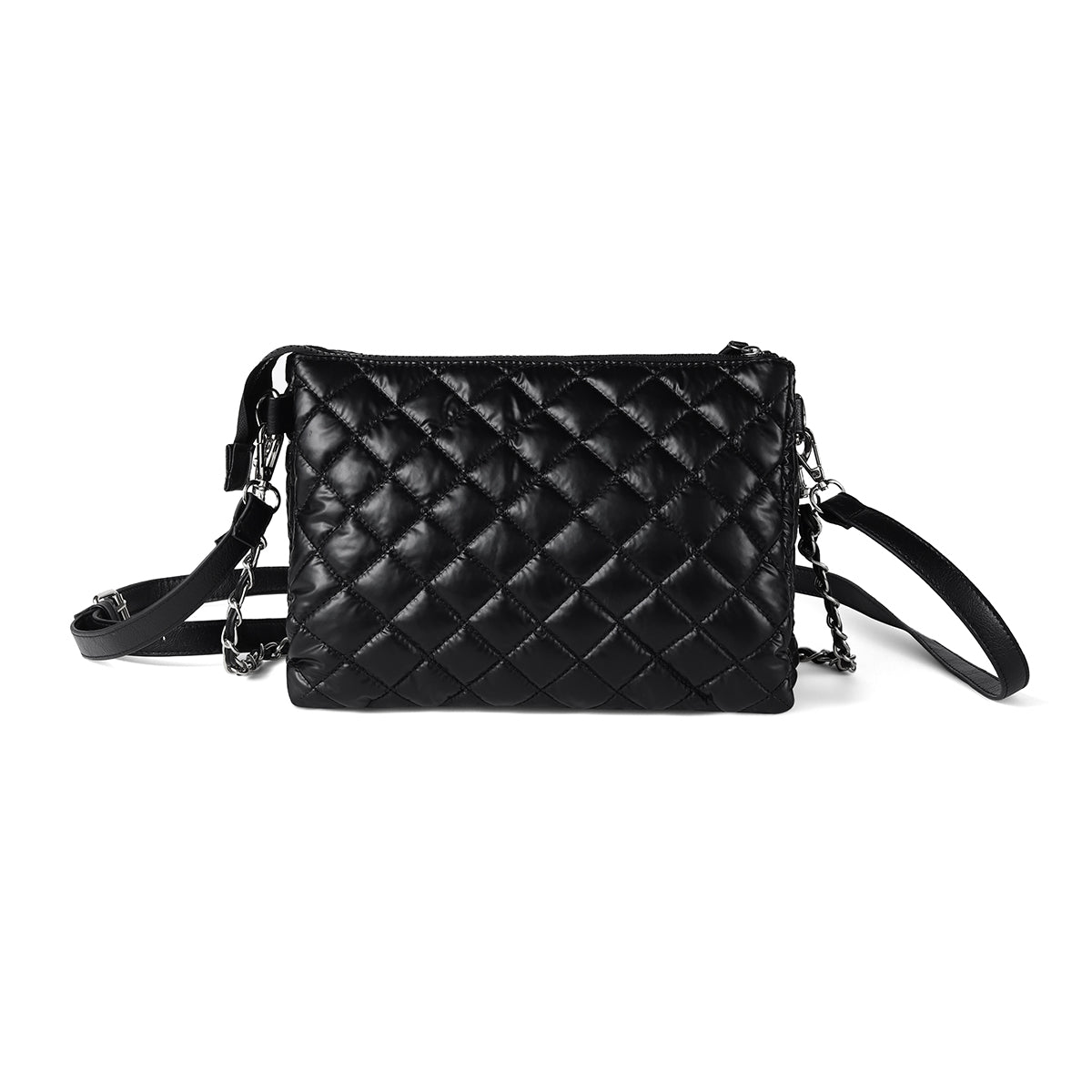 Nollia black nylon quilted puffer bag with chain strap