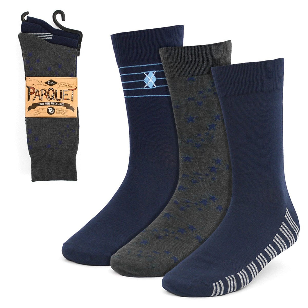 3pcs (3 Pairs) Men's Navy Fancy Dress Socks 3PKS-DRSY4